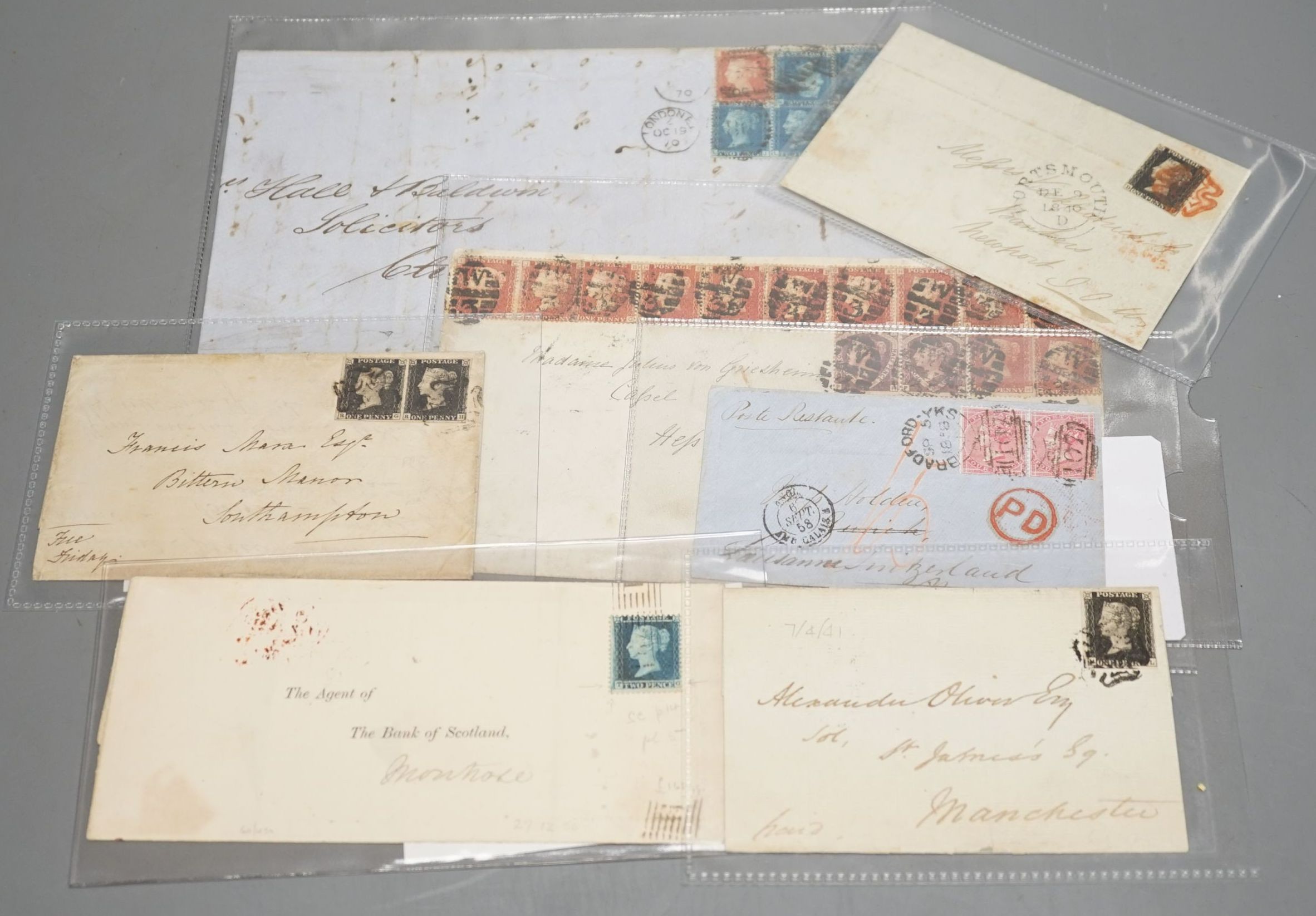 Great Britain group of seven covers with Dec. 1840 1d black plate 4, Feb. 1841 1d black, pair plate 8 to Southampton, Apr. 1841 1d black plate 7, 1856 2d blue. Two large covers with 1d reds and 1858 2d blue. 1858 pair 4d